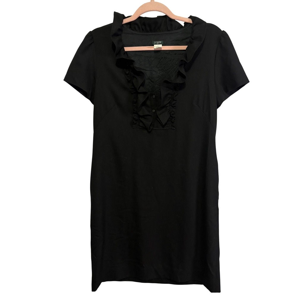J.Crew Black Wool Blend Ruffle Neck Short Sleeve Shift Dress 17789 Size 10
